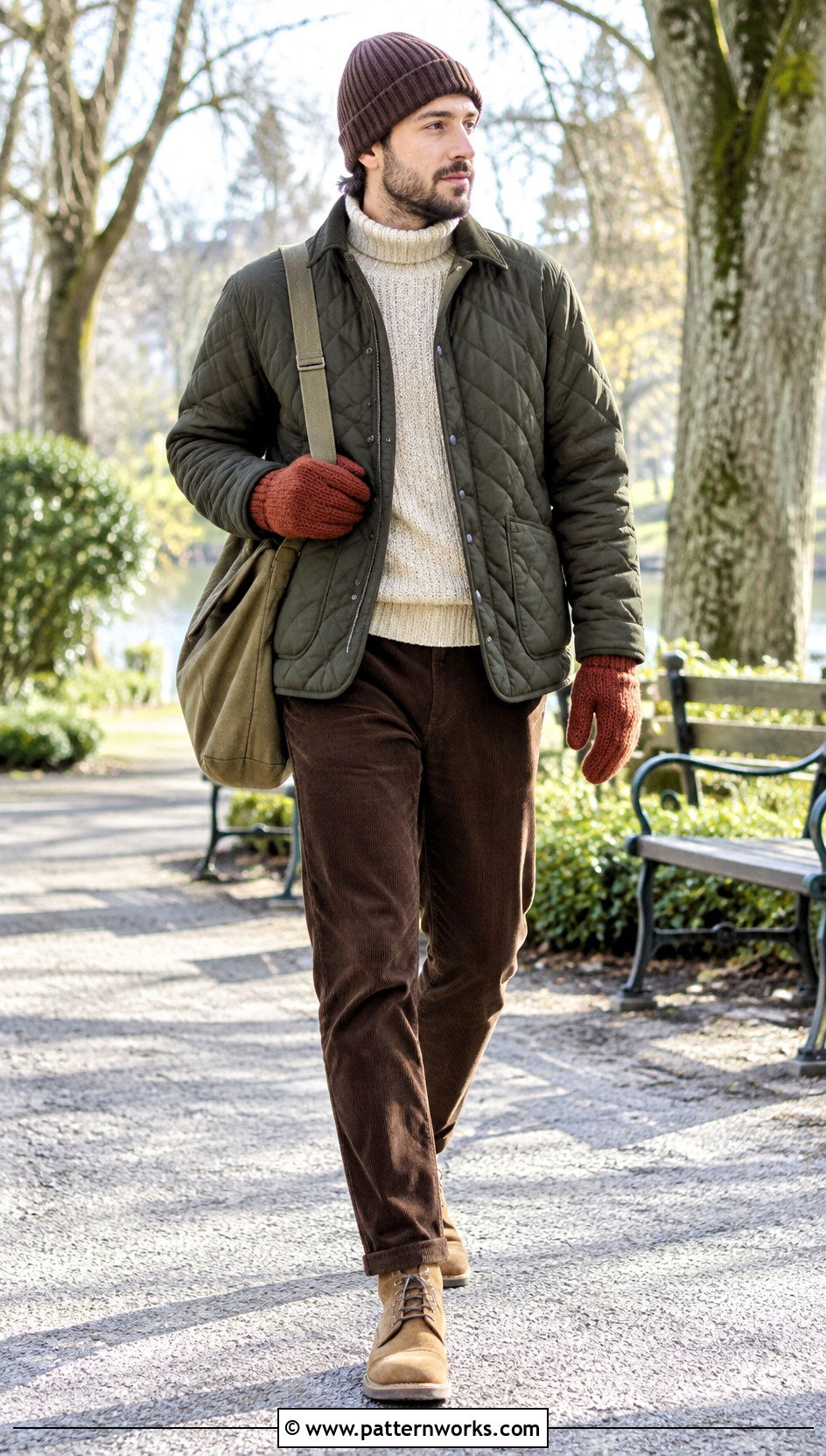 Rust Crochet Mittens With Quilted Jacket - 24 Crochet Mens Mittens outfit ideas