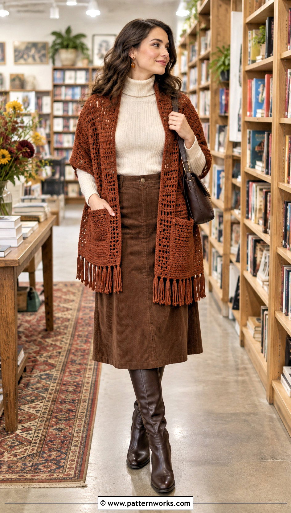 Rust Crochet Pocket Scarf Shawl With Corduroy Skirt - 24 Crochet Pocket Scarf Shawl outfit ideas