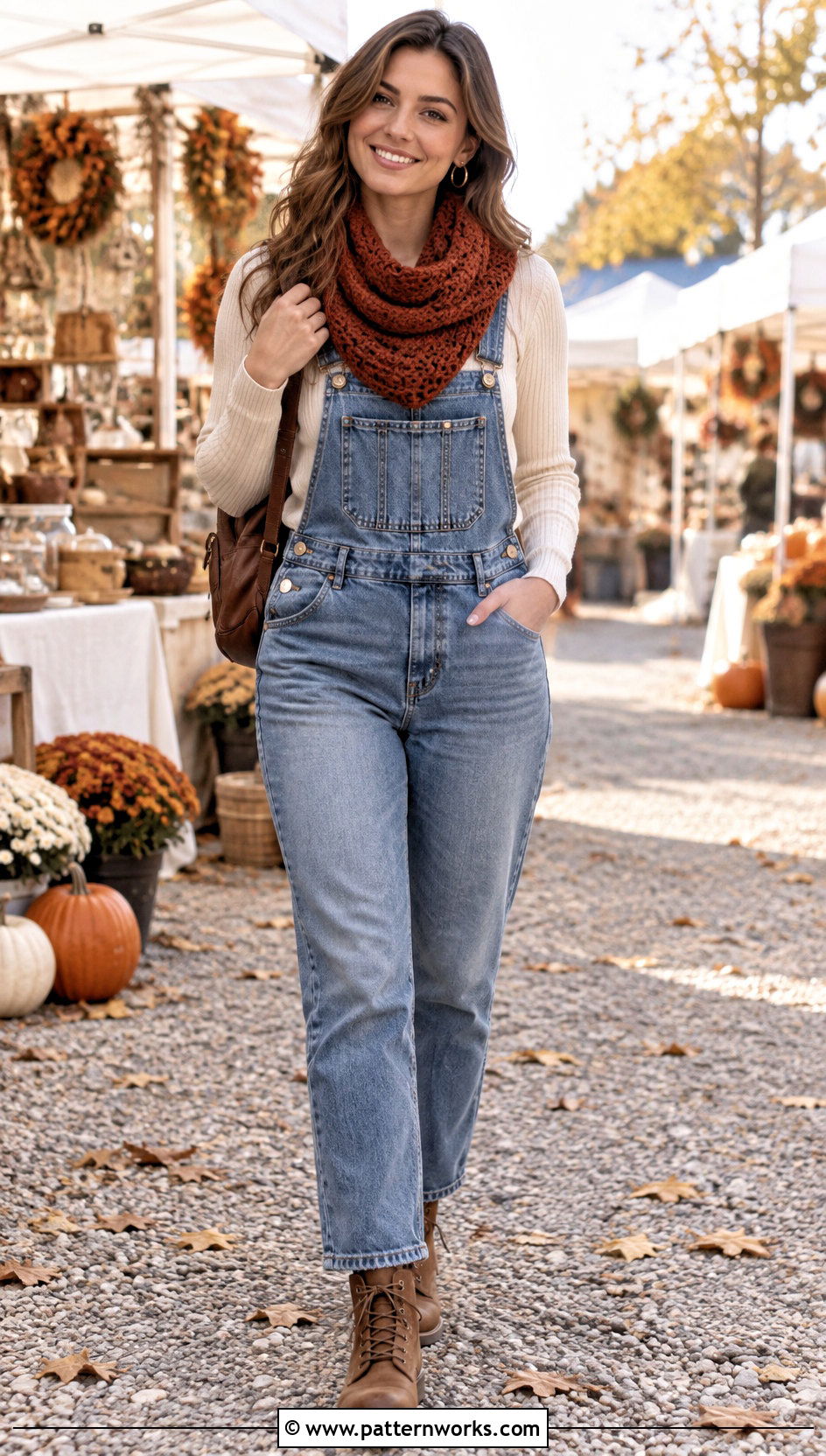 Rust Crochet Triangle Cowl With Denim Overalls - 24 crochet triangle cowl outfit ideas