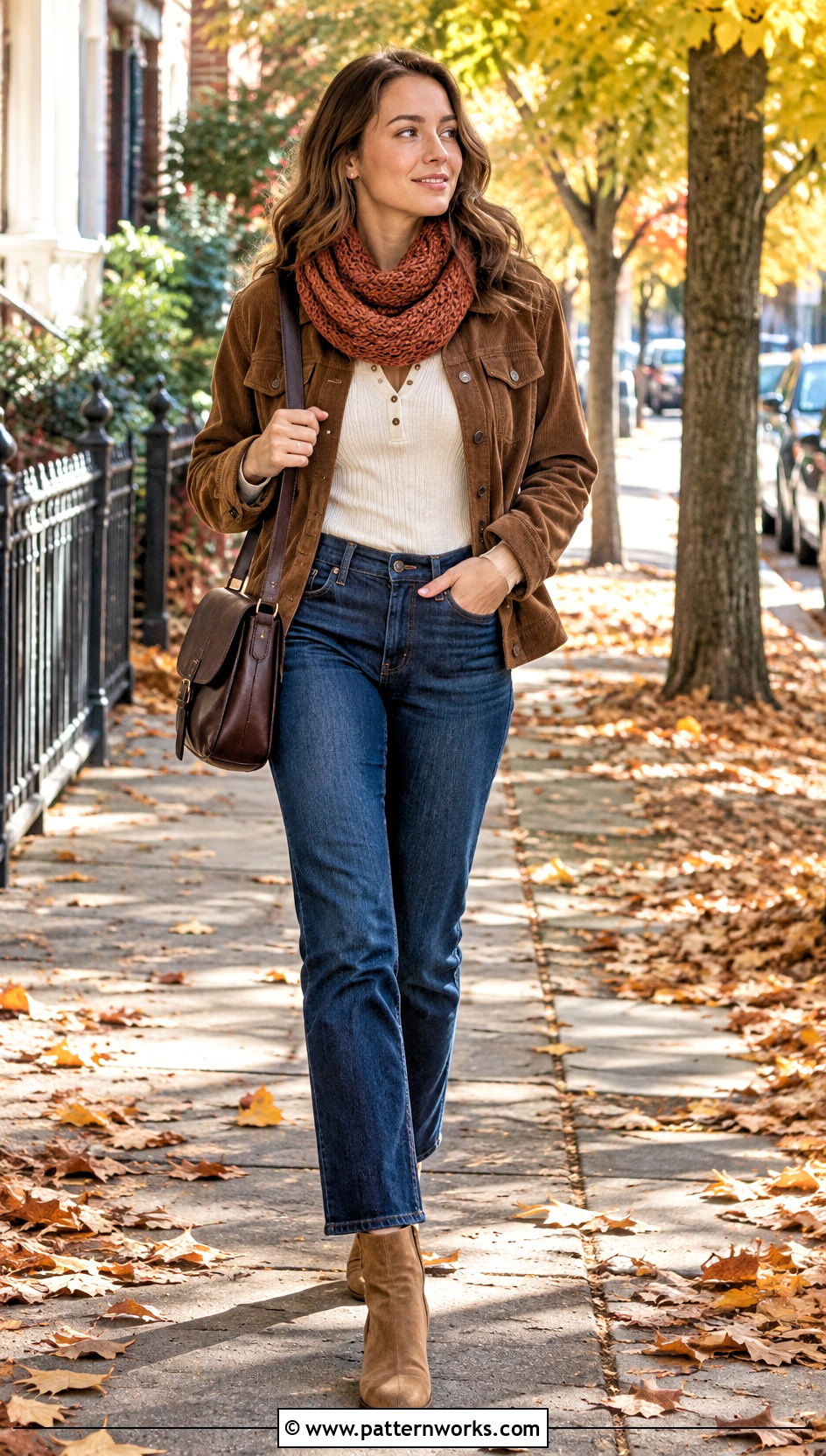 Rust Crochet Tube Scarf With Corduroy Jacket - 18 Crochet Tube Scarf outfit ideas