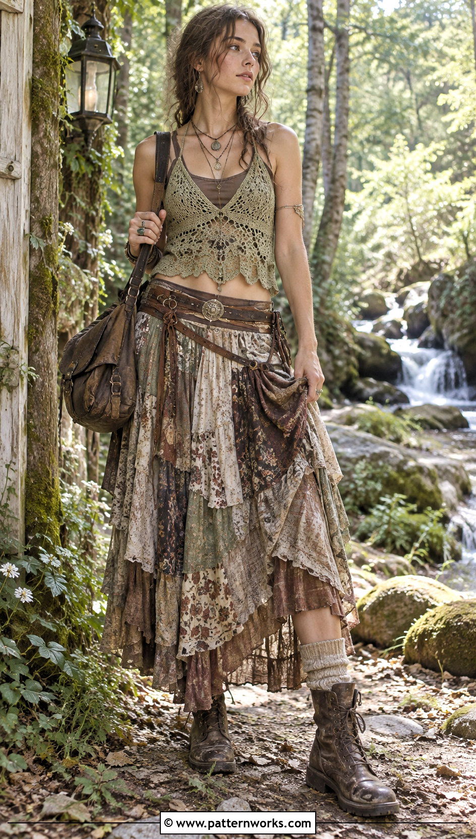 Sage Crochet Fairy Grunge Top With Patchwork Skirt - 18 Crochet Fairy Grunge Top outfit ideas