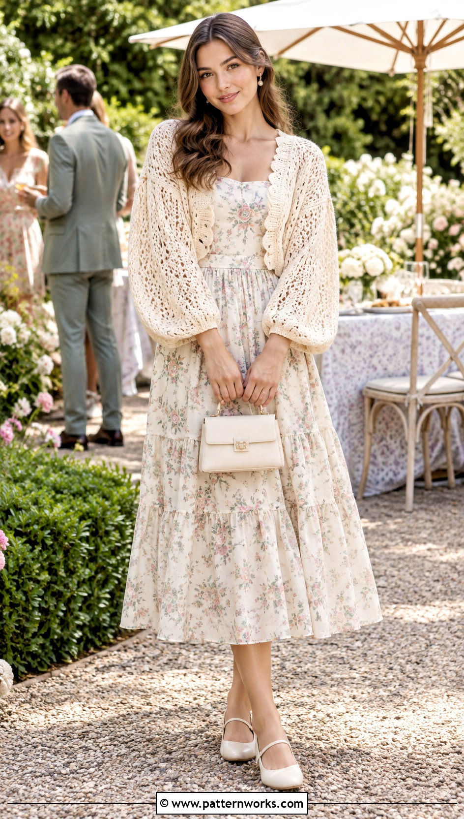 Scalloped Crochet Balloon Sleeve Cardigan With Tea Dress - 24 crochet balloon sleeve cardigan outfit ideas