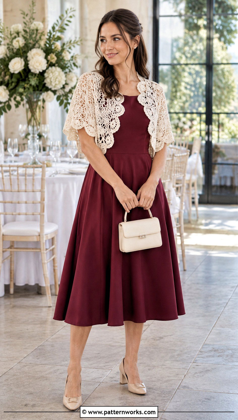 Scalloped Crochet Caplet Shawl With Fit And Flare Dress - 30 crochet caplet shawl outfit ideas