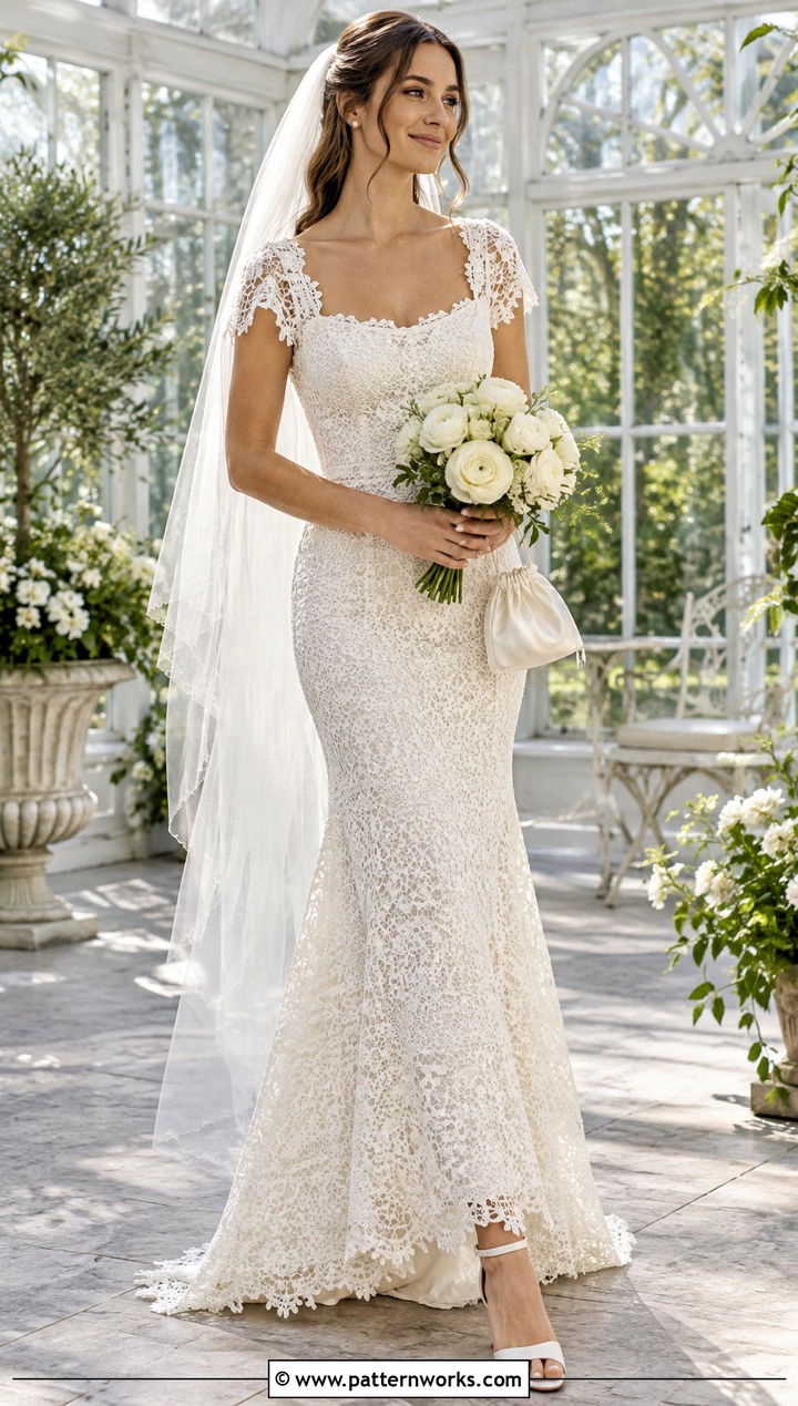 Scalloped Crochet Lace Fit And Flare Wedding Dress - 30 crochet lace wedding dress outfit ideas