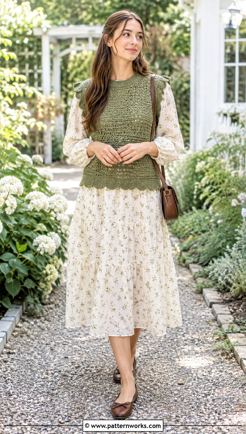 Scalloped Tunisian Crochet Sweater Vest With Floral Dress - 24 tunisian crochet sweater vest outfit ideas