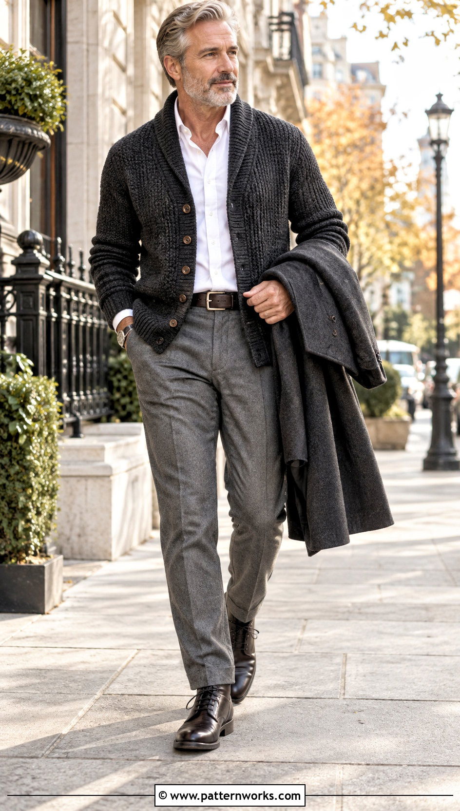 Shawl Collar Crochet Cardigan With Flannel Trousers - 30 crochet man cardigan outfit ideas