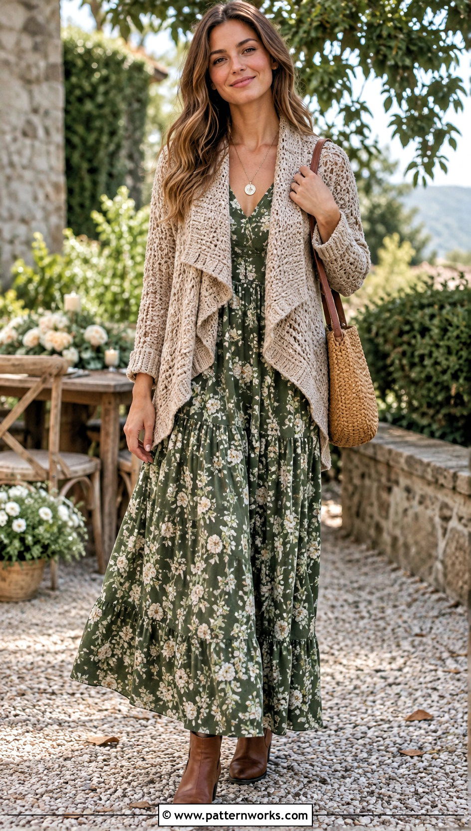 Shawl Collar Crochet Jacket With A Floral Maxi Dress - 24 Crochet Jacket With Collar outfit ideas
