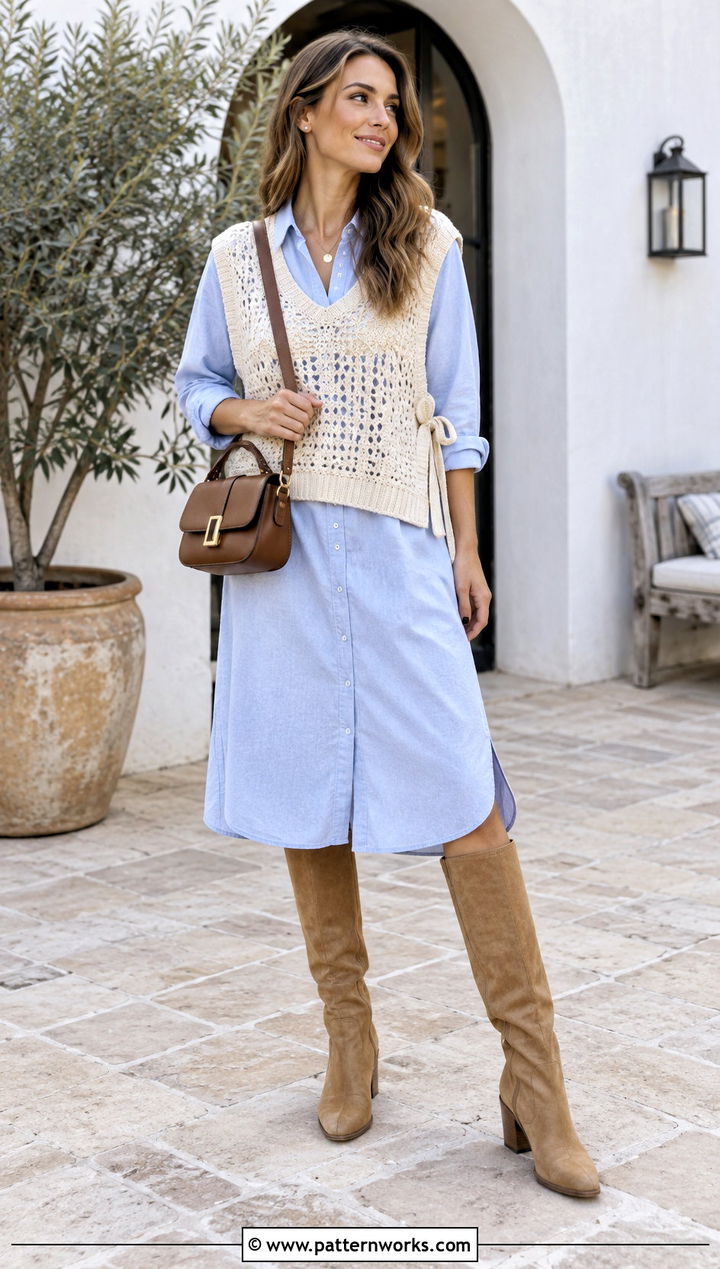 Side Tie Crochet Slipover Vest With Shirt Dress - 18 crochet slip over vest outfit ideas