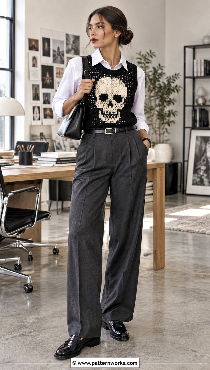 Skull Crochet Vest With Pleated Trousers - 24 Crochet Halloween Clothes and outfit ideas
