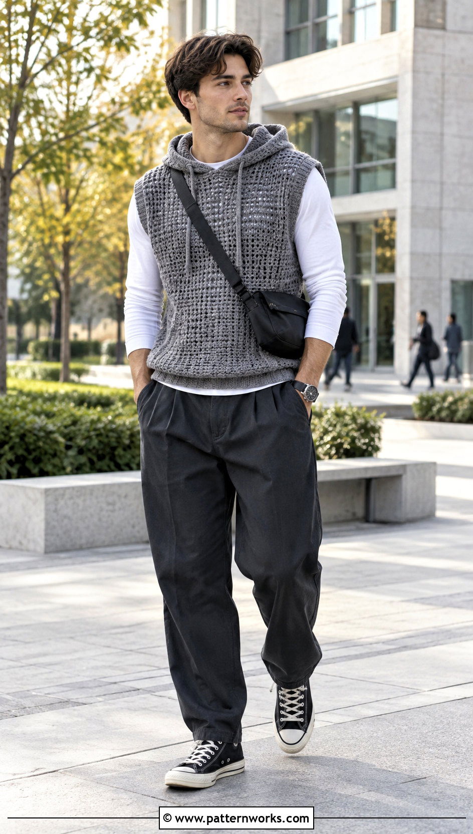 Sleeveless Crochet Hoodie With Long Sleeve Shirt - 30 crochet hoodie for men outfit ideas