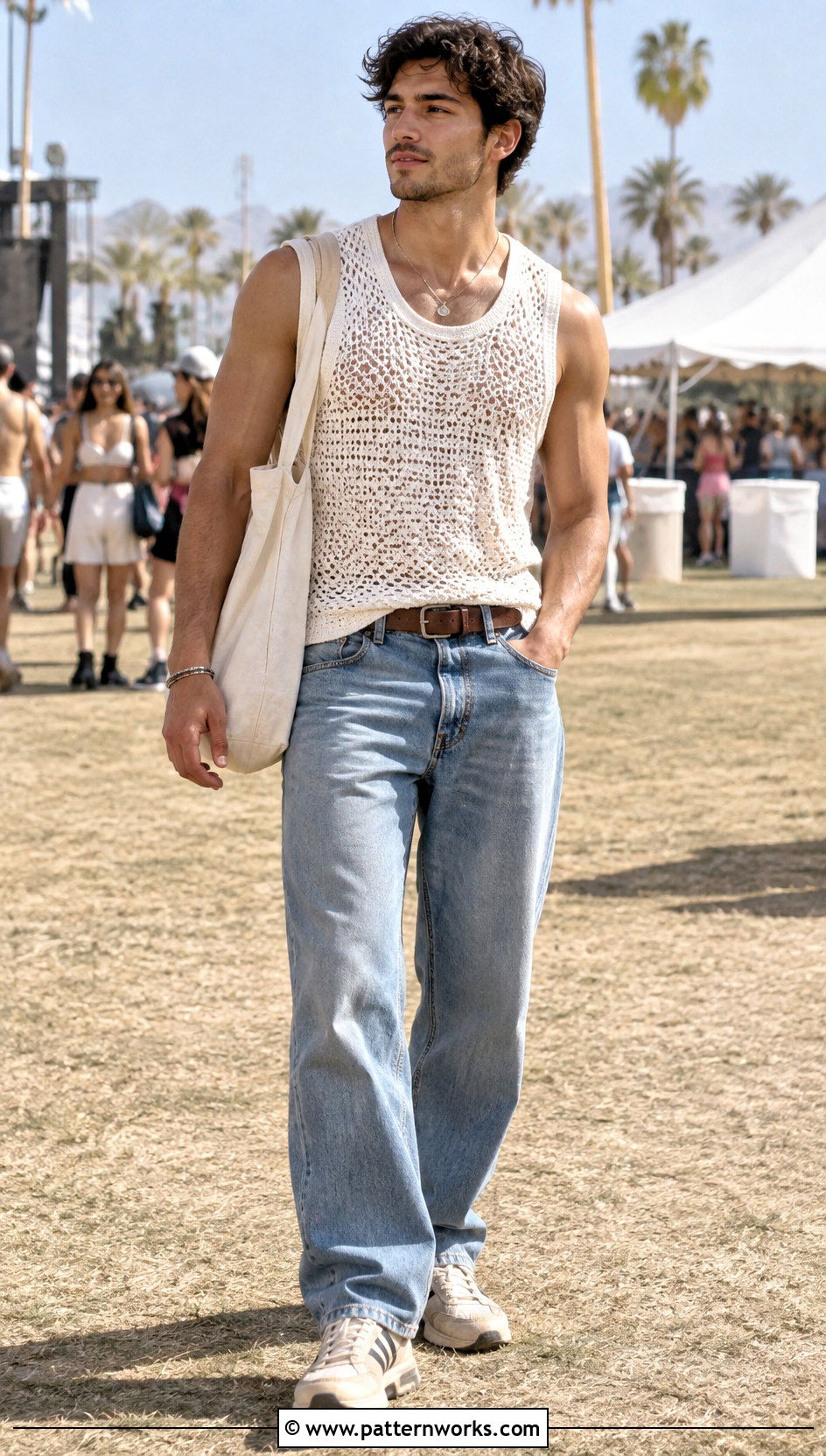 Sleeveless Crochet Mesh Shirt With Relaxed Jeans - 24 Men Crochet Mesh Shirt outfit ideas