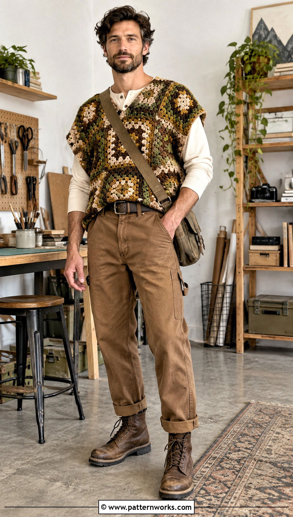Sleeveless Crochet Poncho With Workwear Pants - 24 crochet men's poncho outfit ideas
