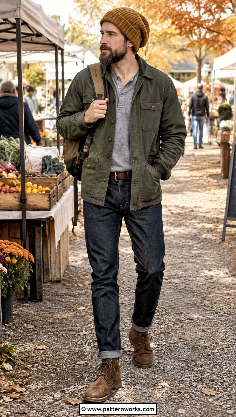 Slouch Crochet Beanie Outfit With Chore Coat - 18 Mens Slouch Crochet Beanie outfit ideas