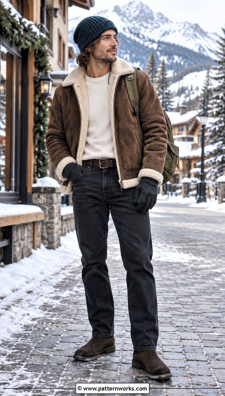 Slouchy Crochet Beanie With Shearling Jacket - 24 Crochet Mens Winter Hat outfit ideas