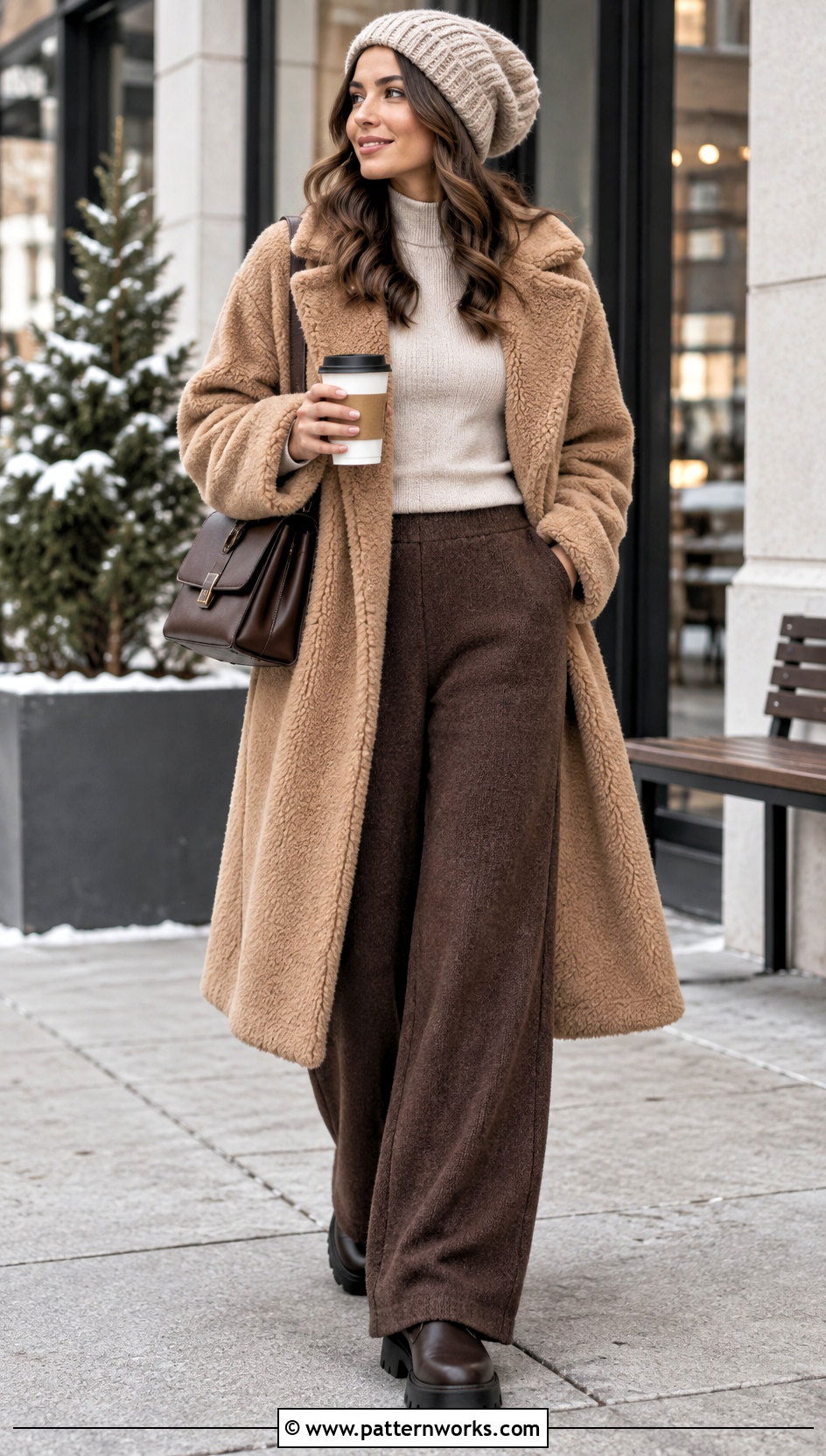 Slouchy Crochet Beanie With Teddy Coat And Wide Leg Pants - 24 winter crochet hat for women outfit ideas