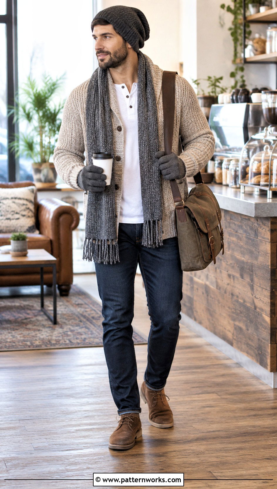Slouchy Crochet Hat And Scarf With Cardigan - 18 Mens Crochet Hat And Scarf outfit ideas