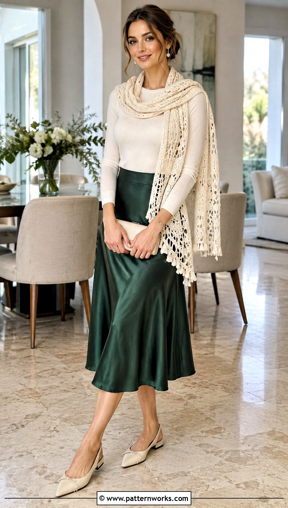 Snowfall Crochet Sweater Scarf With Satin Midi Skirt - 18 Snowfall Crochet Sweater Scarf outfit ideas