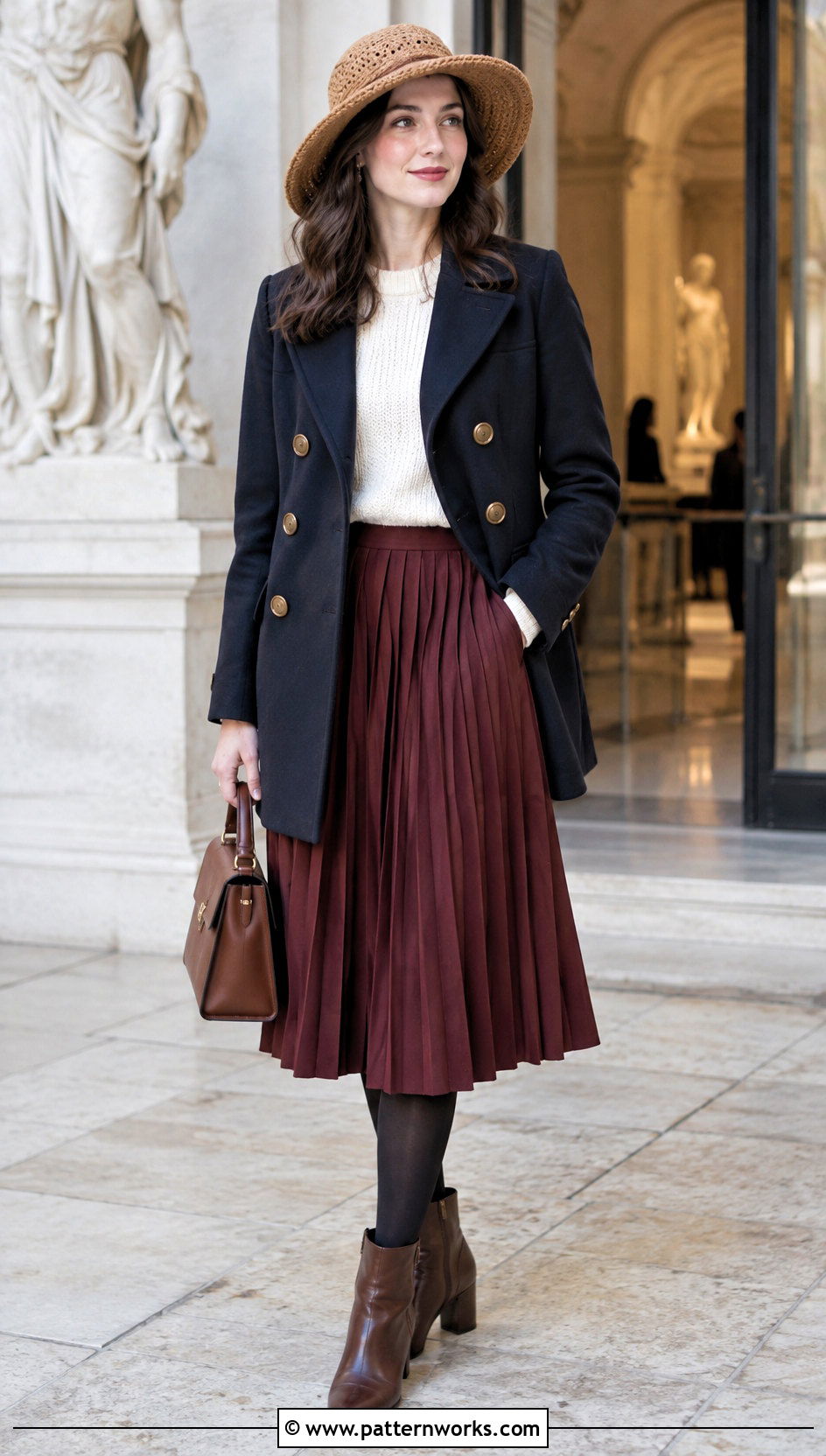 Softee Chunky Crochet Brimmed Hat With Peacoat And Pleated Skirt - 18 Softee Chunky Crochet Hat outfit ideas