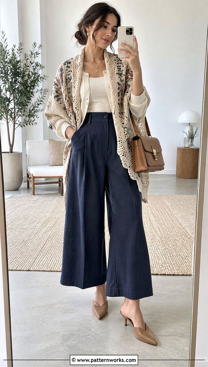 Sophie Digard Crochet Shawl With Cardigan And Wide Leg Culottes - 18 sophie digard crochet shawl outfit ideas