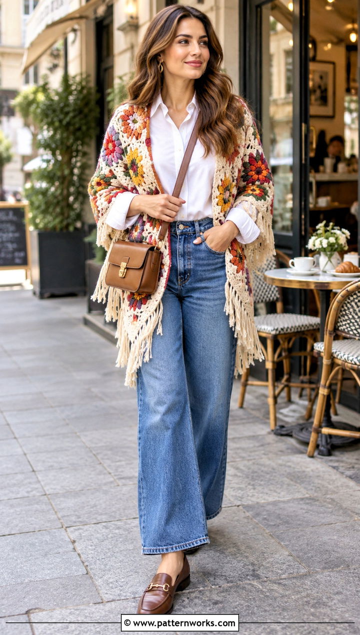 Sophie Digard Crochet Shawl With White Shirt And Wide Leg Jeans - 18 sophie digard crochet shawl outfit ideas