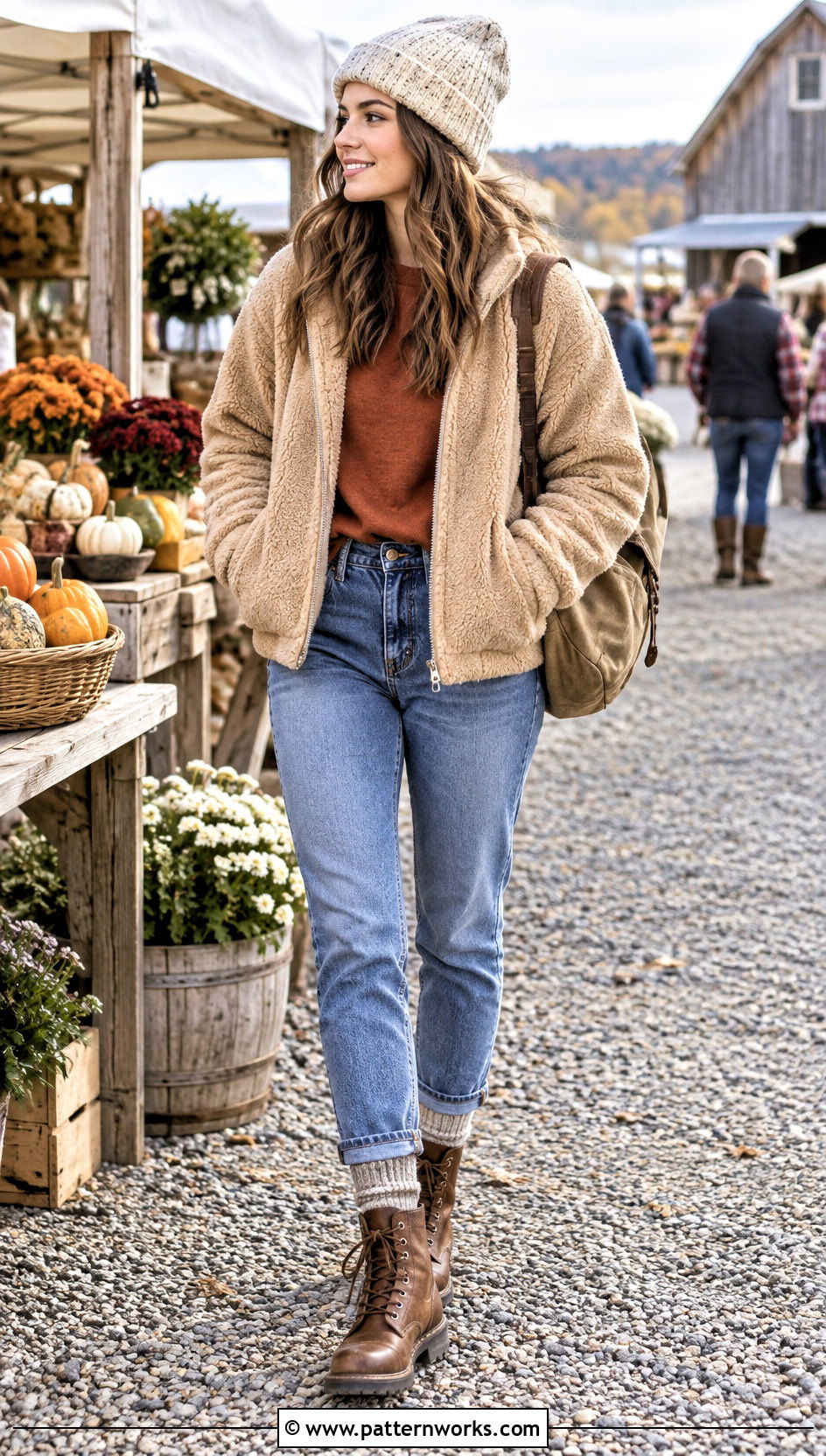 Speckled Crochet Rectangle Beanie With Sherpa Jacket And Mom Jeans - 24 Crochet Rectangle Beanie outfit ideas