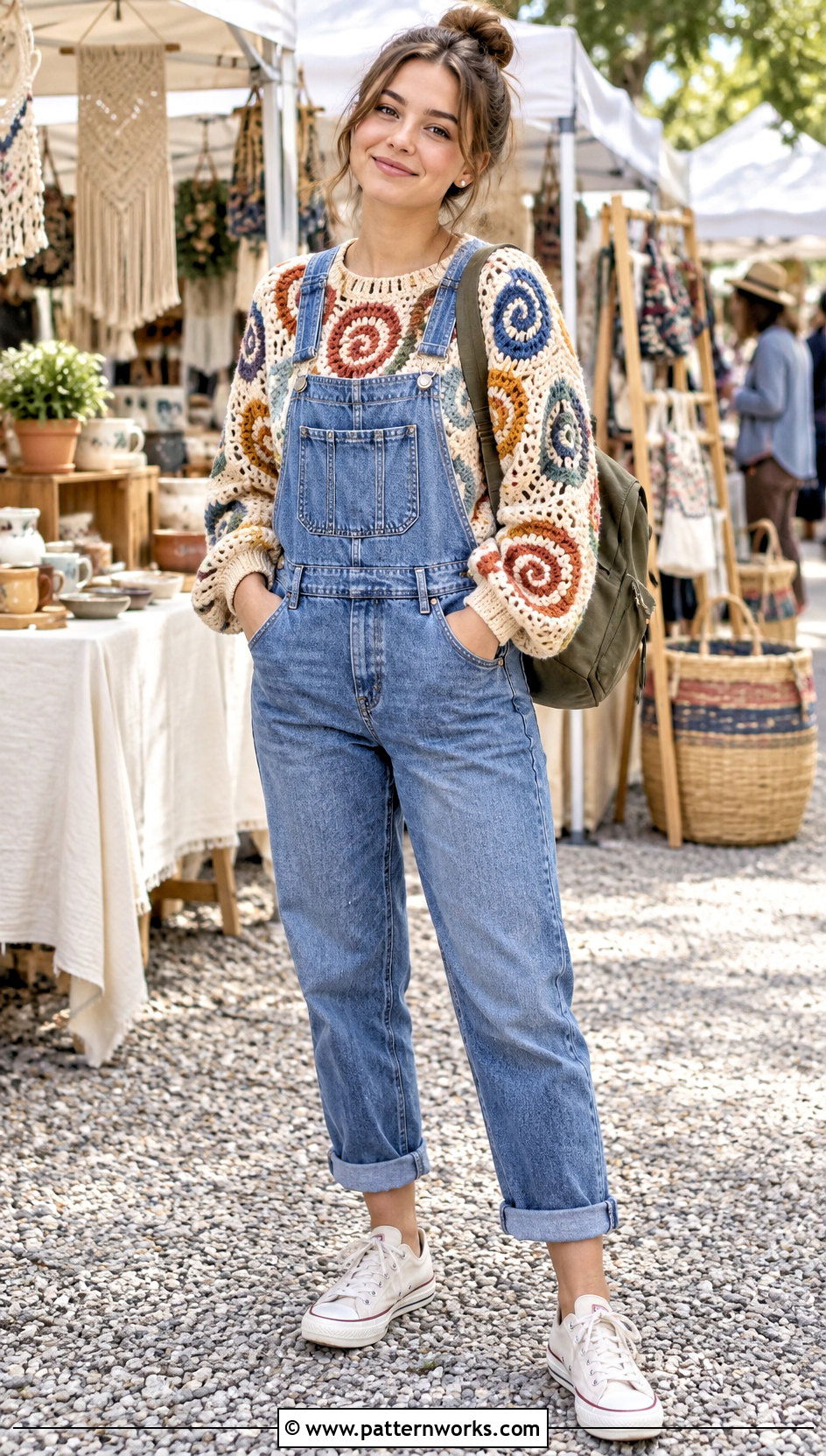 Spiral Freeform Crochet Sweater With Denim Overalls - 30 freeform crochet sweater outfit ideas