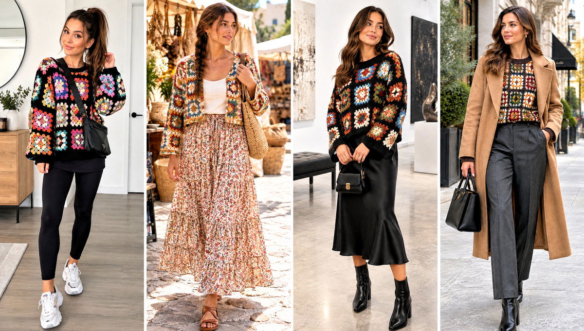 24 Square Crochet Sweater Outfit Ideas for Colorful Looks