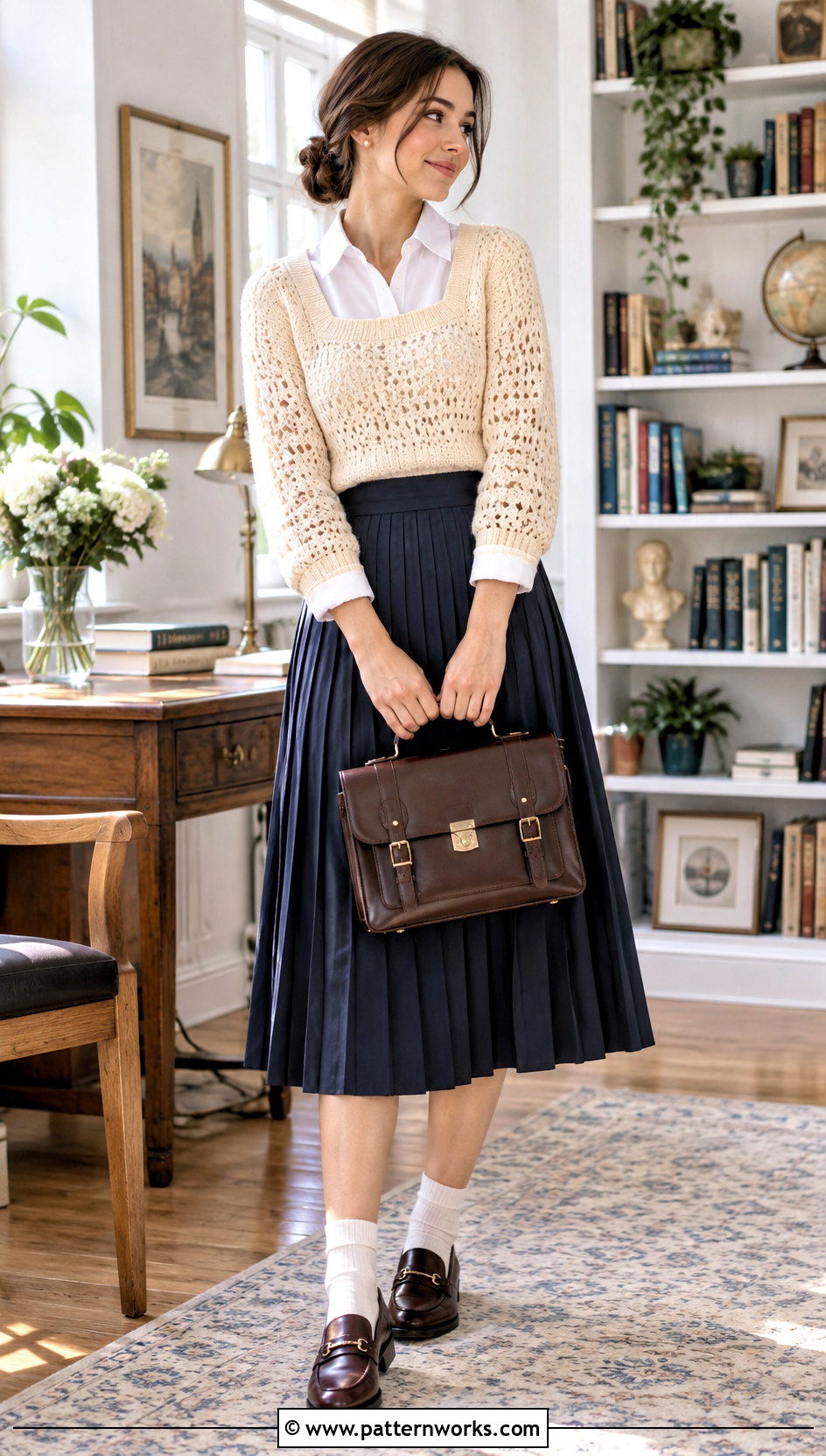 Square Neck Crochet Sweater With Collared Shirt And Pleated Skirt - 18 Square Neck Crochet Sweater outfit ideas