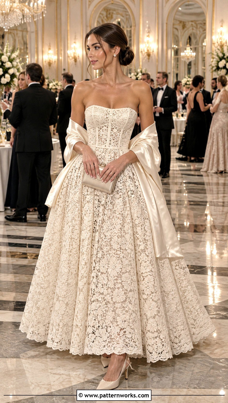 Strapless Crochet Ball Gown With Satin Wrap - 18 Crochet Ball Gown outfit ideas
