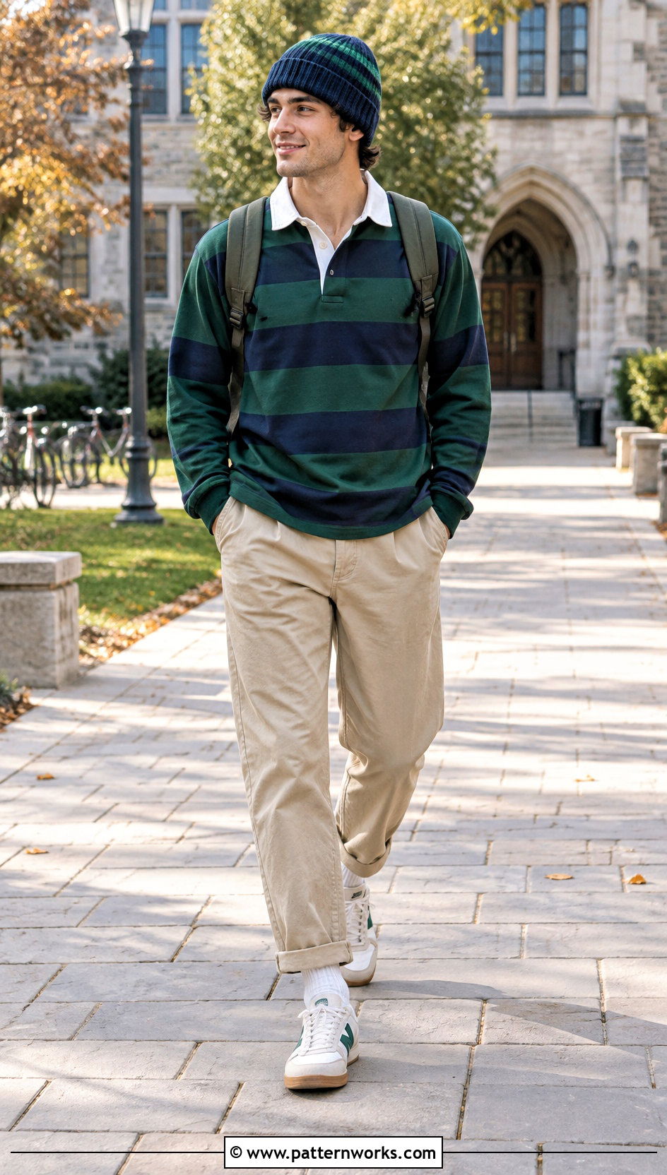 Striped Crochet Beanie With Rugby Shirt - 24 men's crochet hats outfit ideas