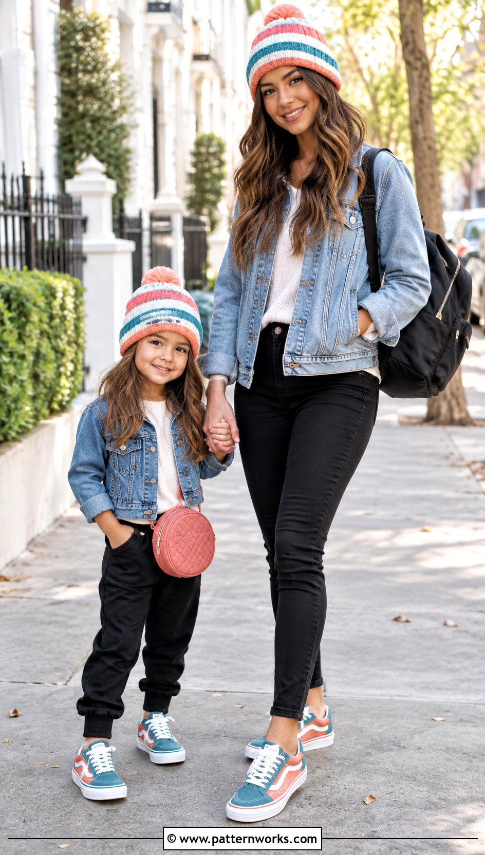 Striped Crochet Beanies With Denim Jackets - 24 Mommy And Me Crochet Hats outfit ideas