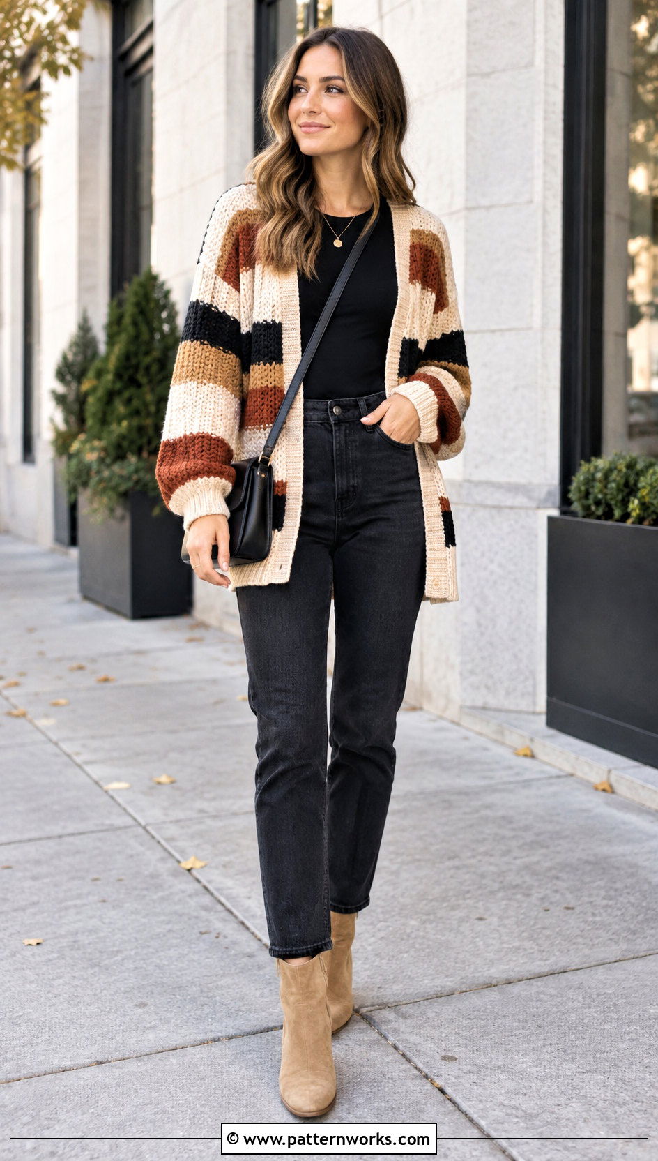 Striped Crochet Cardigan With Black Jeans - 30 fall crochet cardigan outfit ideas