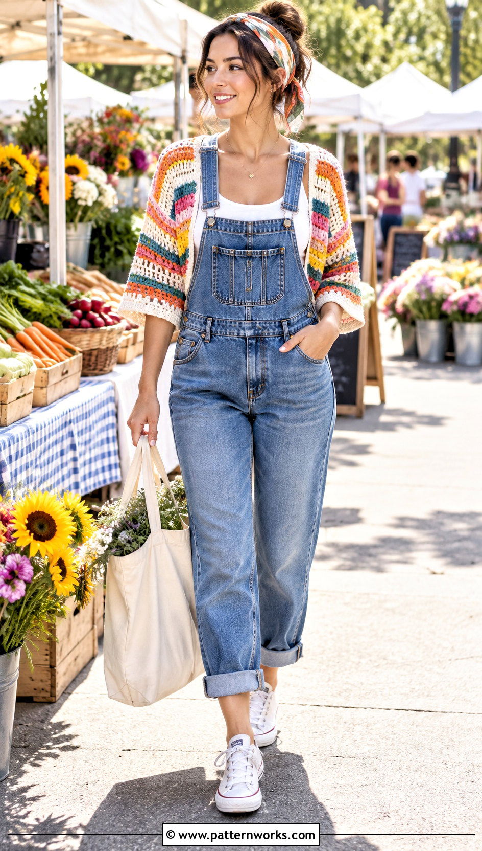 Striped Crochet Cropped Shrug With Overalls - 24 Crochet Cropped Shrug outfit ideas