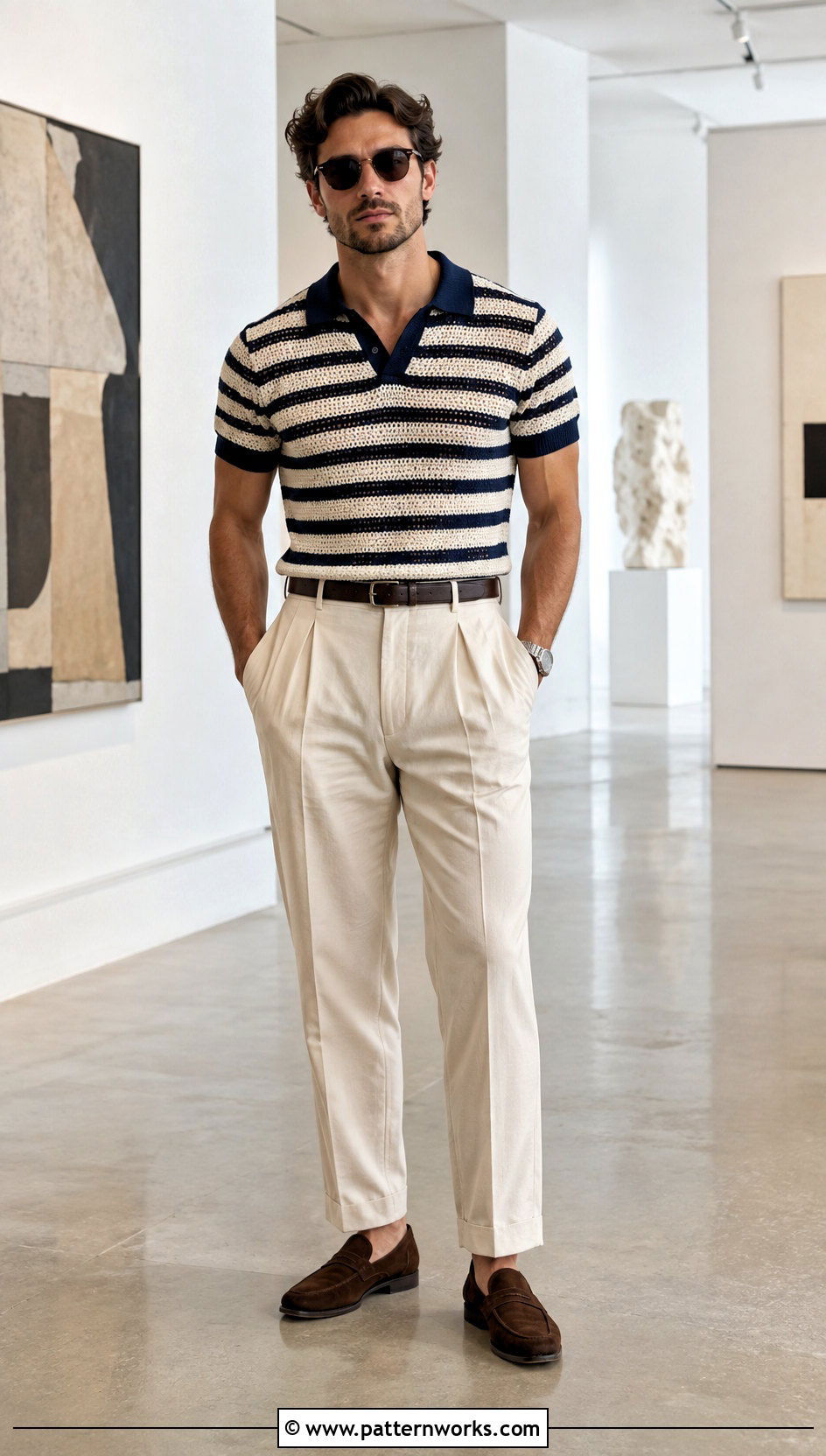 Striped Crochet Polo With Pleated Trousers - 18 Mens Crochet Polo Shirt outfit ideas