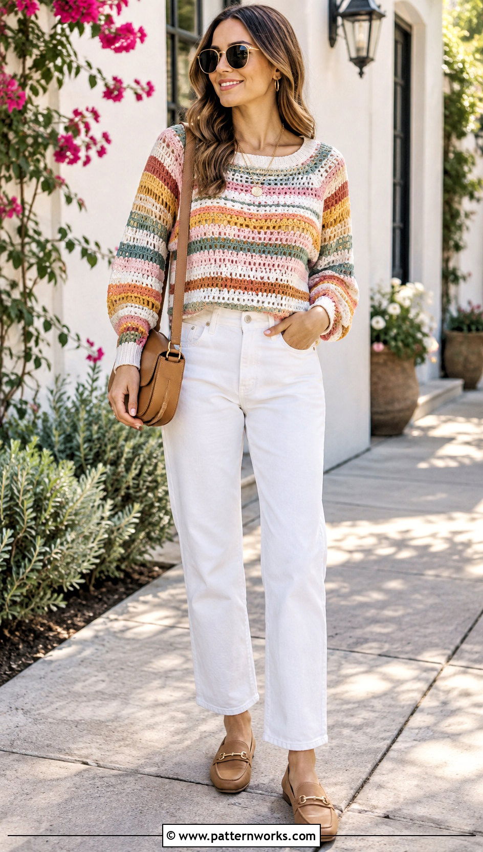 Striped Crochet Raglan Sweater With White Jeans - 30 crochet raglan sweater outfit ideas