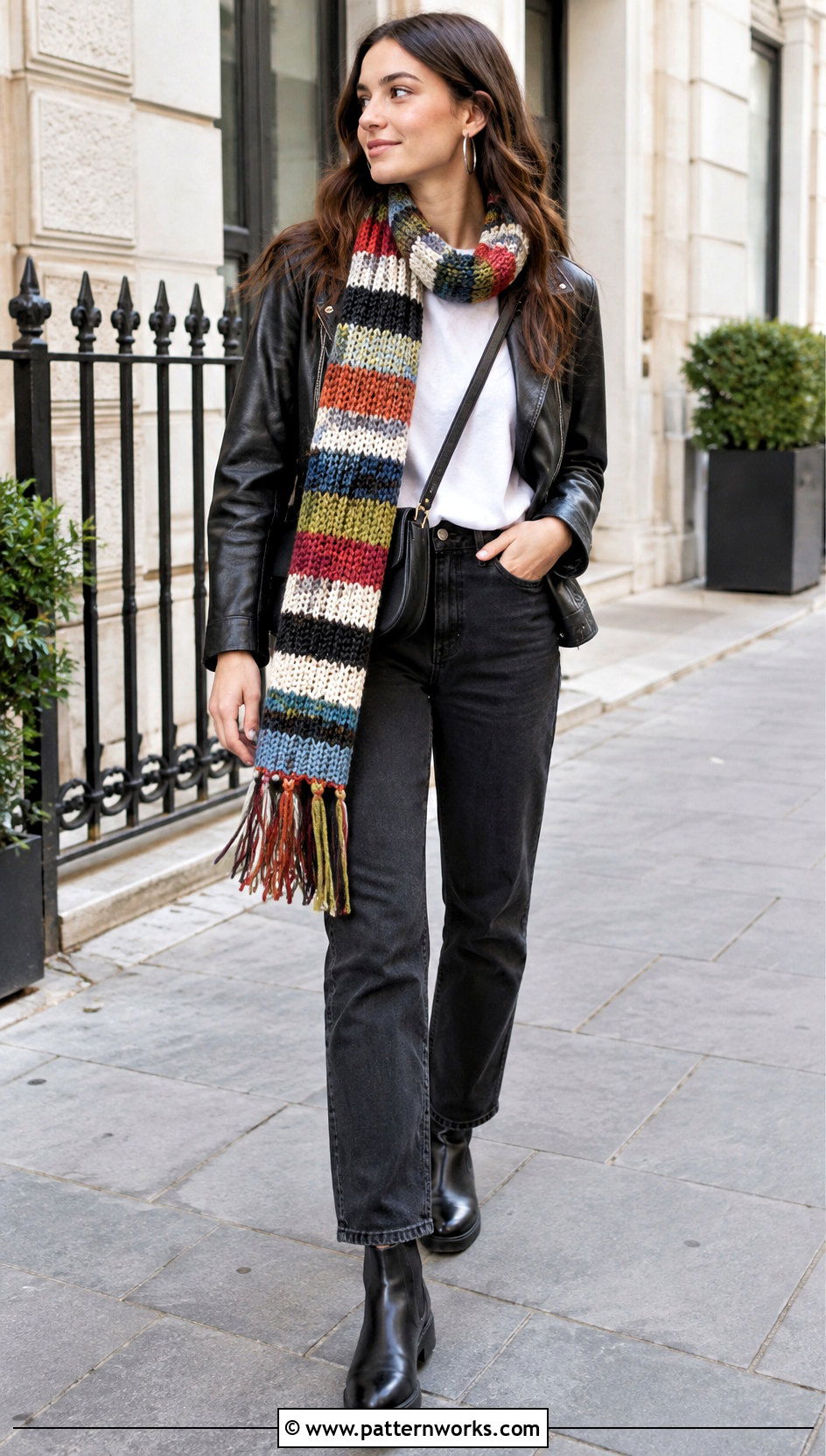 Striped Crochet Scarf Outfit With Leather Jacket - 24 Beautiful Crochet Scarf outfit ideas