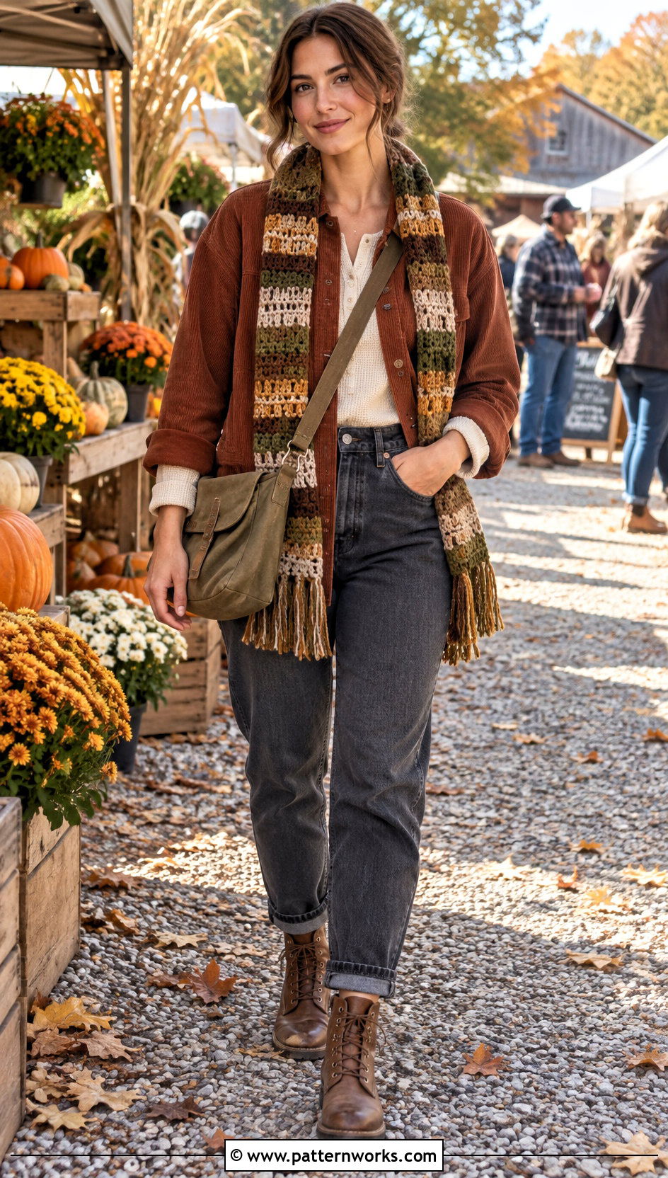 Striped Crochet Scarf With Corduroy Overshirt - 30 fall crochet scarf outfit ideas