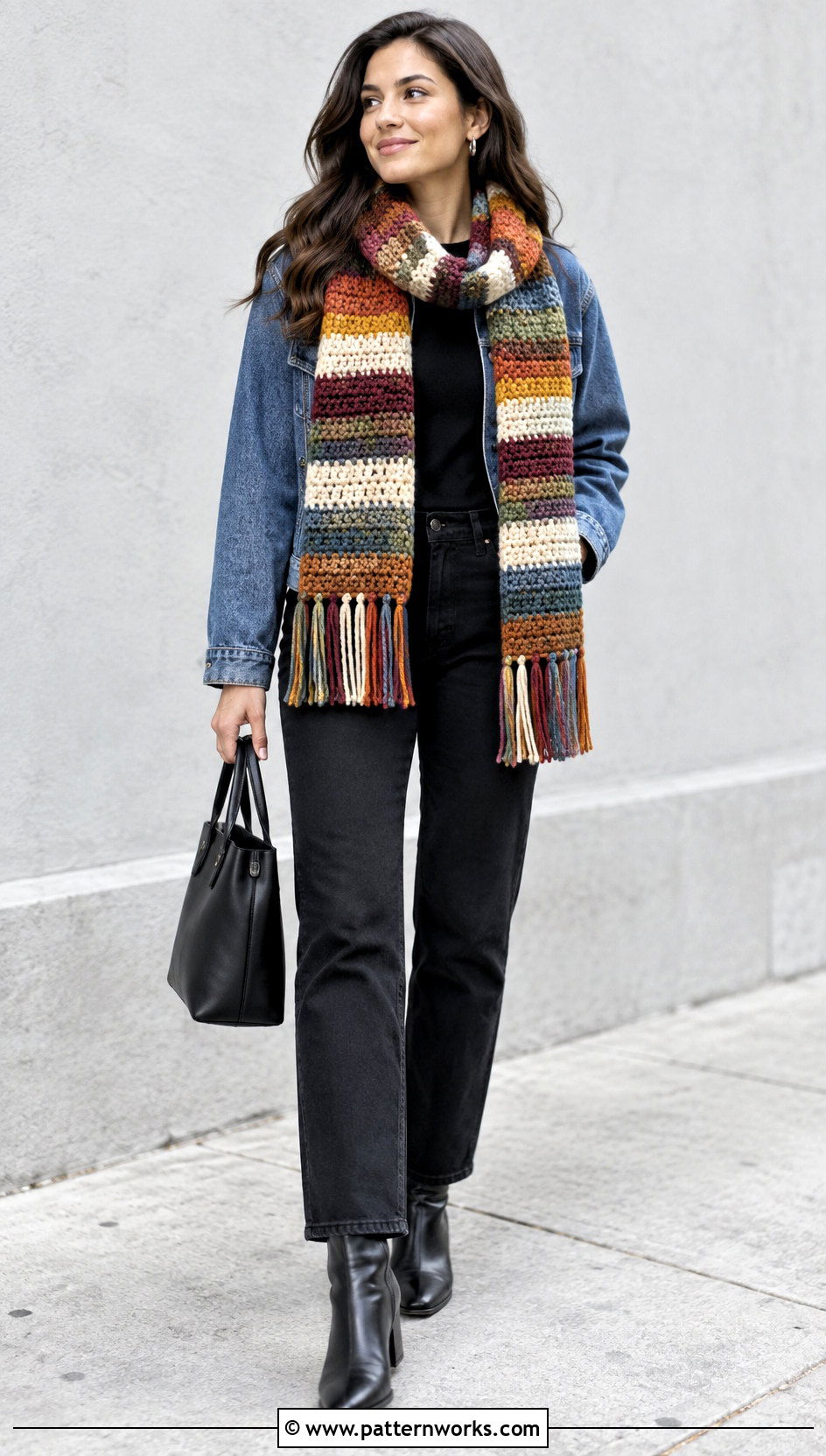 Striped Crochet Scarf With Denim Jacket And Black Pants - 30 crochet scarves outfit ideas