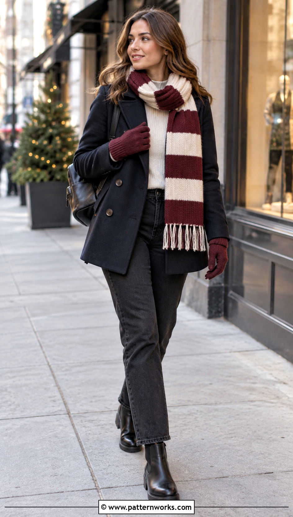 Striped Crochet Scarf With Peacoat And Black Jeans - 30 Winter Crochet Scarfs For Women outfit ideas