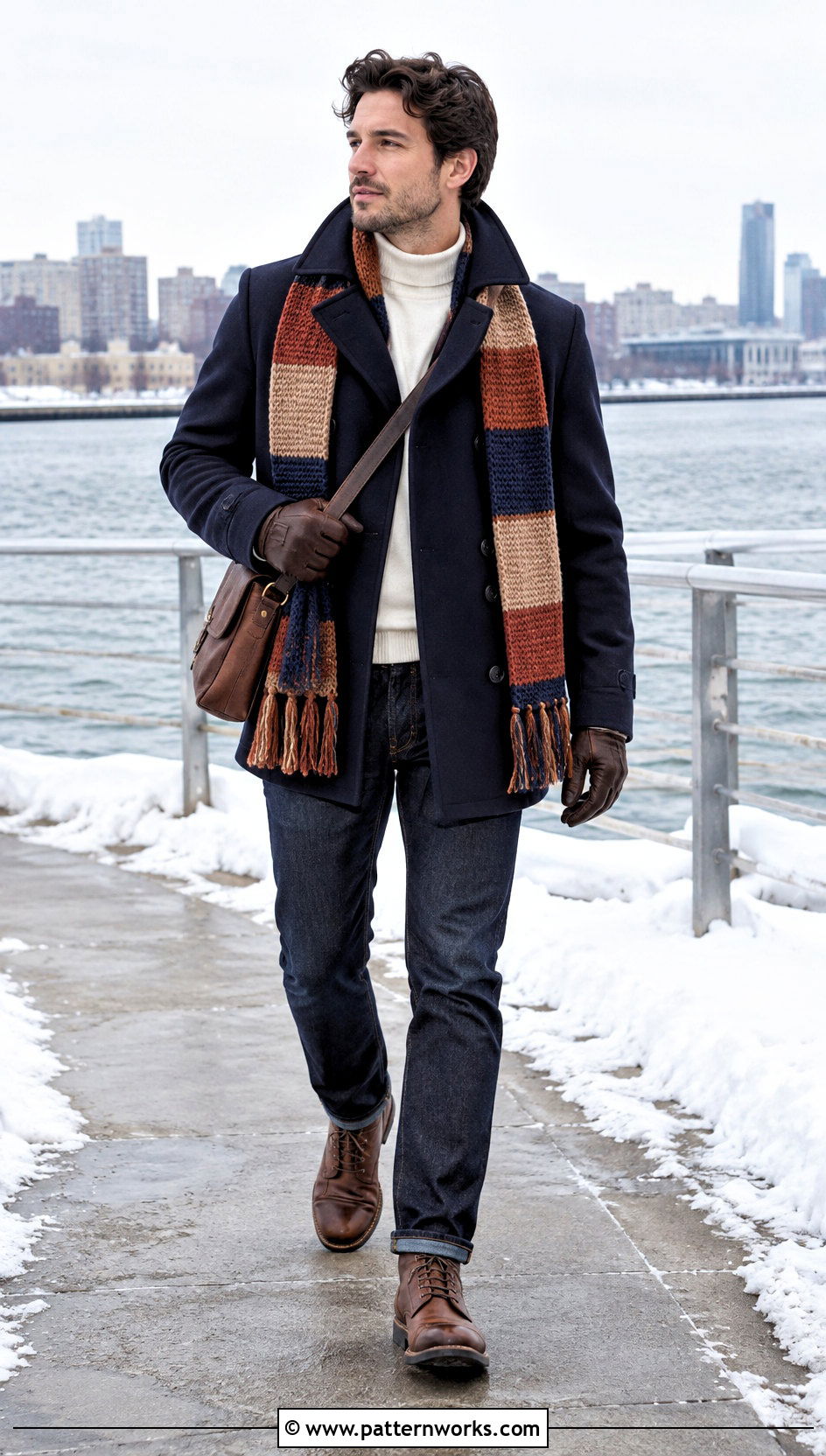 Striped Crochet Scarf With Peacoat - 30 Mens Crochet Scarf outfit ideas