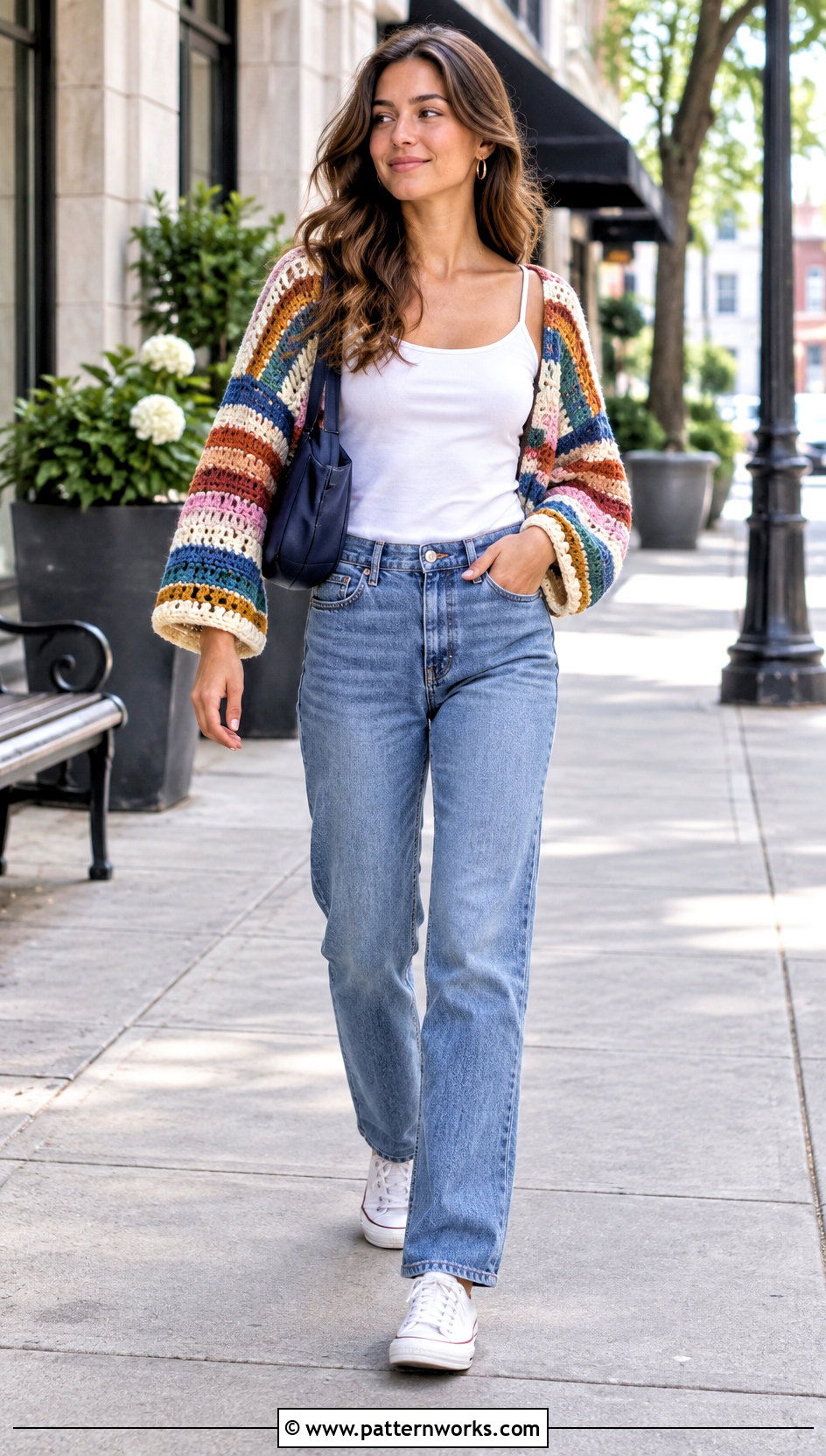 Striped Crochet Sweater Shrug With Straight Leg Jeans - 30 crochet sweater shrug outfit ideas