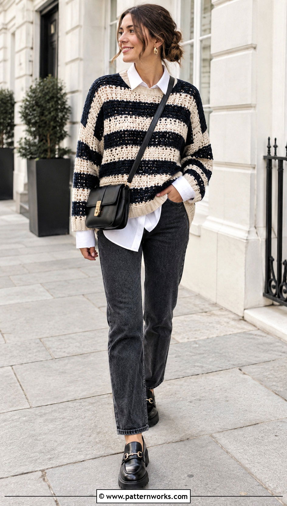 Striped Crochet Sweater With Layered Button Down And Jeans - 30 striped crochet sweater outfit ideas