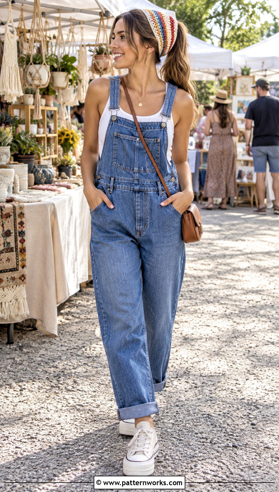 Striped Crochet Triangle Hair Scarf With Denim Overalls - 24 crochet triangle hair scarf outfit ideas