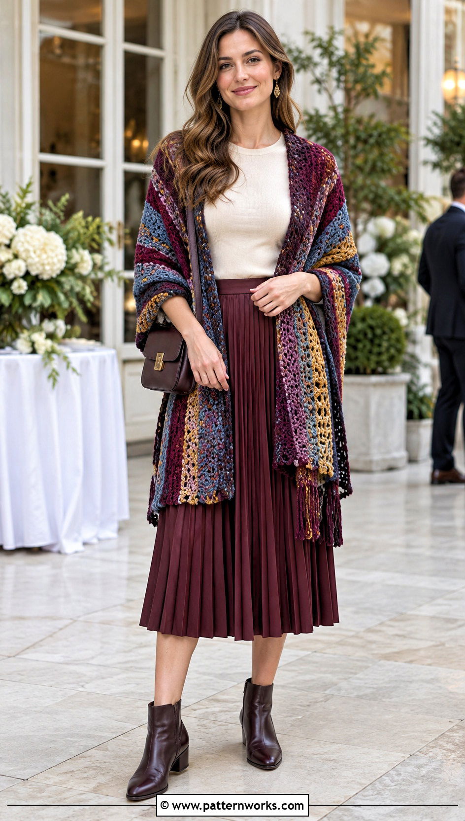 Striped Crochet Wrap With Pleated Midi Skirt - 18 Colorful Striped Crochet Wrap outfit ideas
