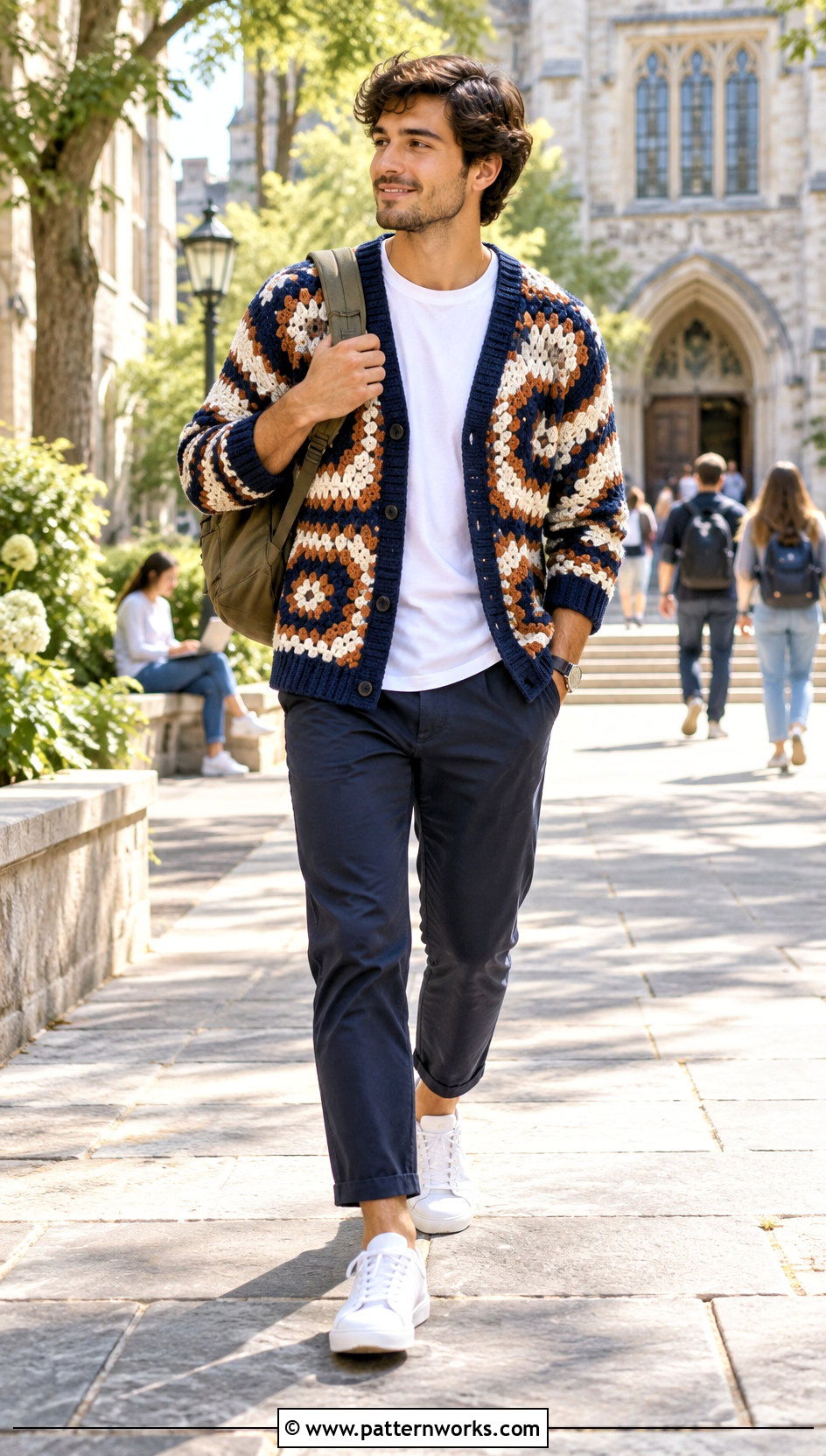 Striped Hexagon Crochet Cardigan With Chinos - 30 men hexagon crochet cardigan outfit ideas