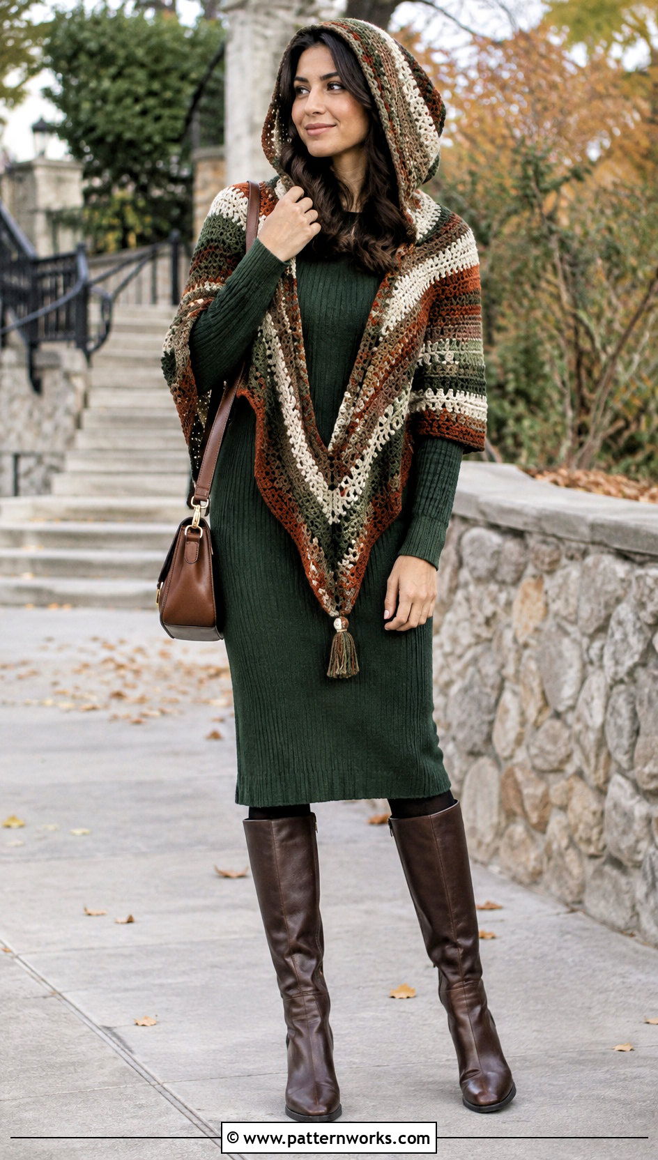 Striped Hooded Triangle Crochet Shawl With A Sweater Dress - 24 Hooded Triangle Crochet Shawl outfit ideas