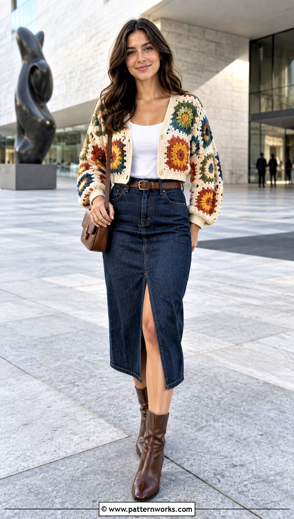 Sunburst Granny Square Cardigan With Denim Midi Skirt - 30 sunburst granny square cardigan outfit ideas
