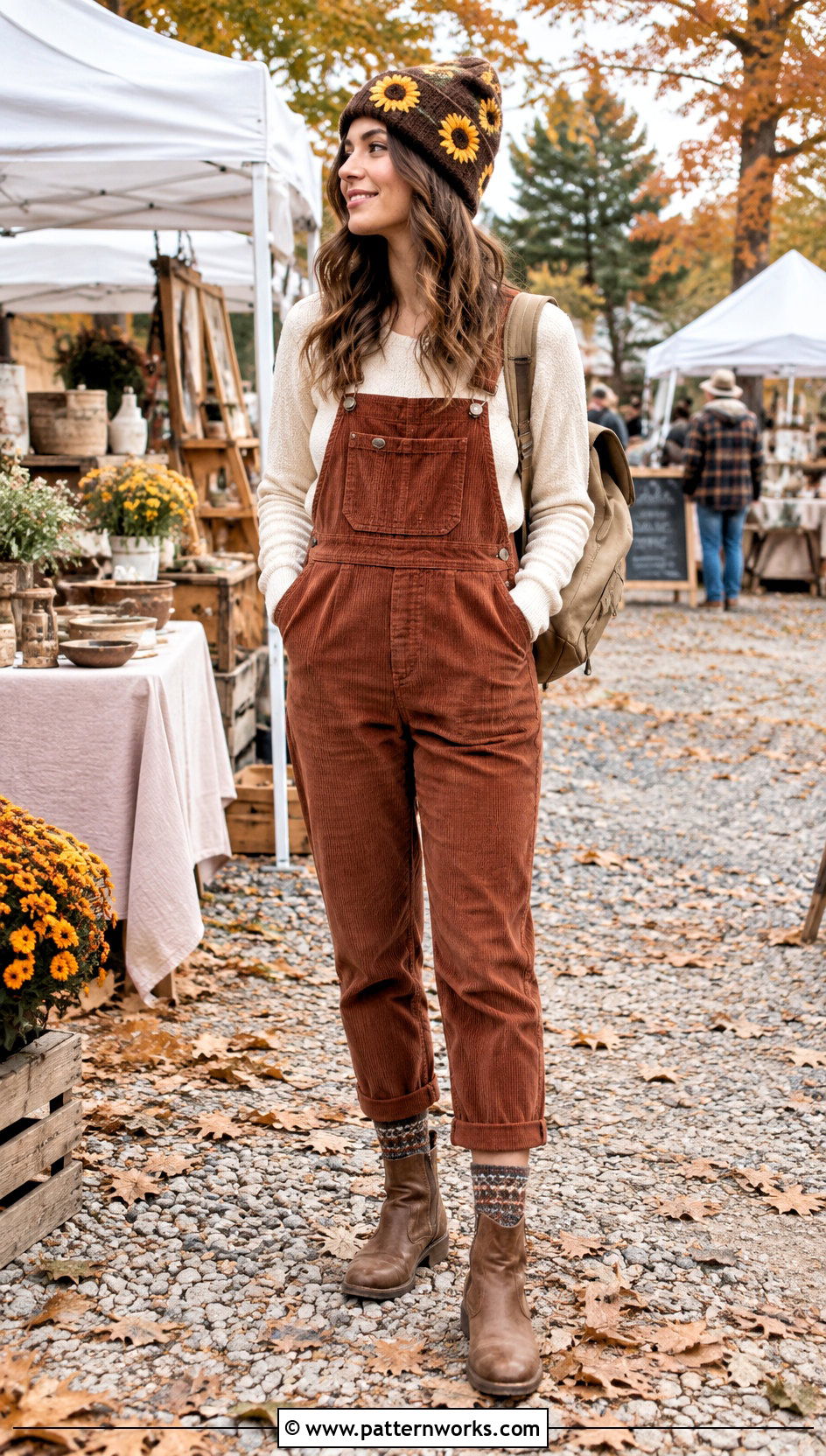 Sunflower Crochet Beanie With Corduroy Overalls - 30 cute crochet beanies outfit ideas