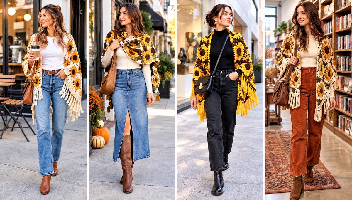 18 Sunflower Crochet Shawl Outfit Ideas for Boho Days