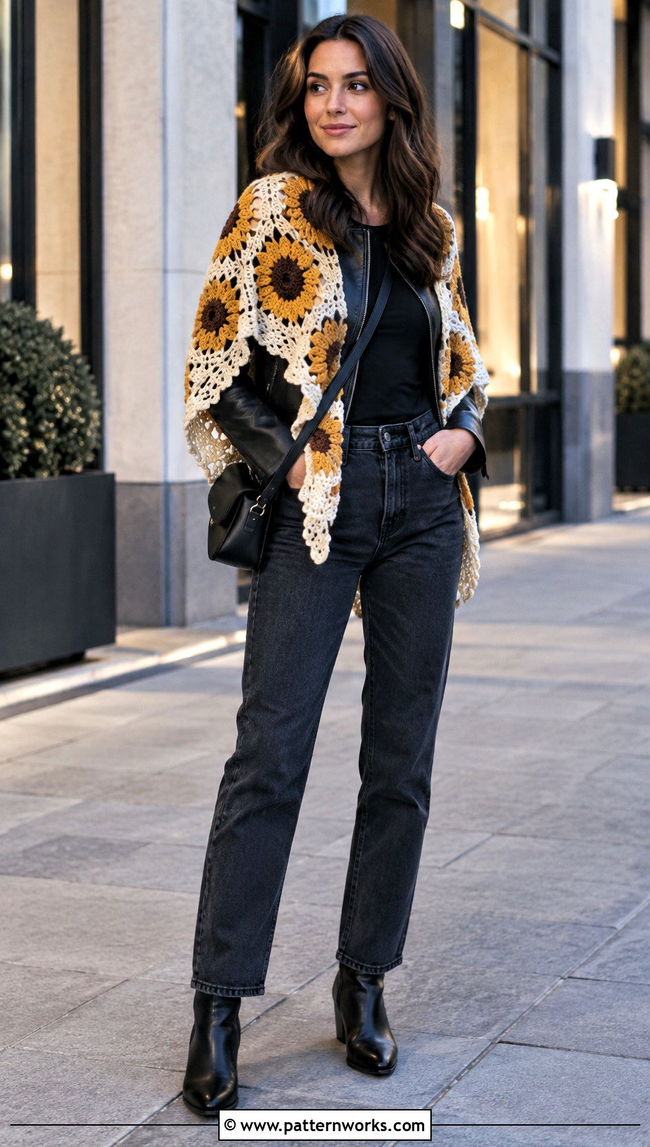 Sunflower Crochet Shawl With Leather Jacket And Jeans - 18 Sunflower Crochet Shawl outfit ideas
